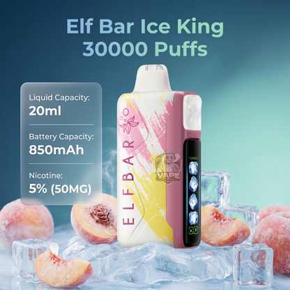 ElfBarIceKing30000PuffsPeachice, Elf Bar Ice King vape device with peach slices and ice cubes on a blue background
