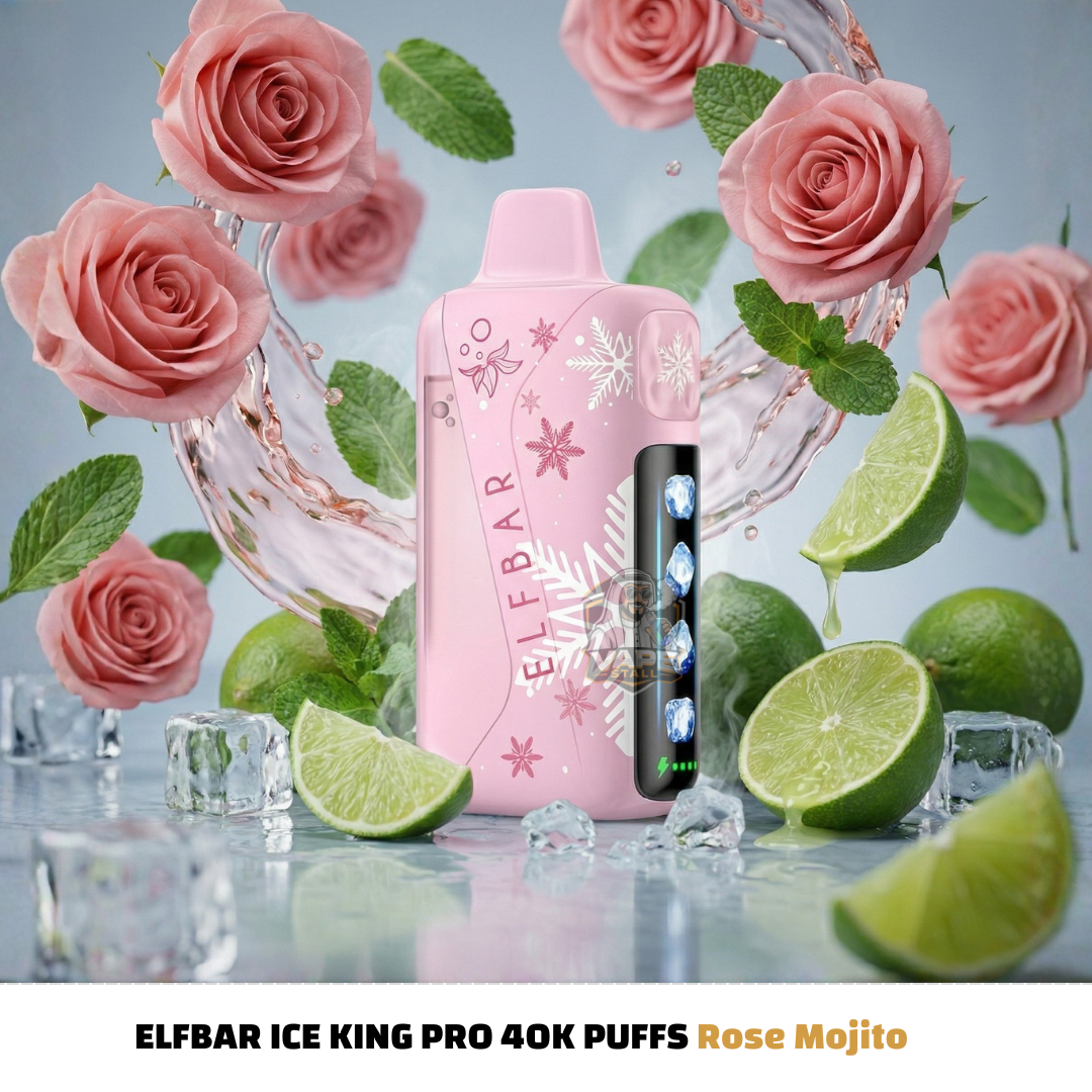 ElfBarIceKingPro40000PuffsDisposableVapeRoseMojito, Pink vape device with roses and limes on a gray background