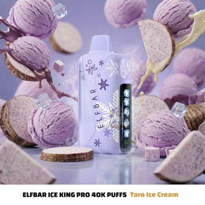 ElfBarIceKingPro40000PuffsDisposableVapeTaroIceCream, Elfbar Ice King Pro 40K Puffs Taro Ice Cream vape device surrounded by ice cream and taro root.