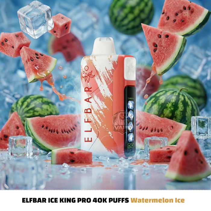 ElfBarIceKingPro40000PuffsDisposableVapeWatermelonIce, Elfbar Ice King Pro vape device with watermelon slices and ice cubes on a blue background