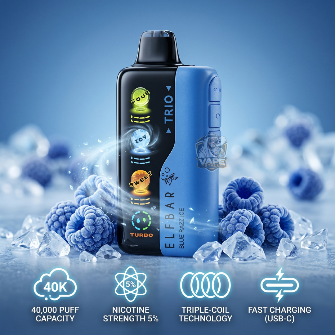 ElfBarTrio40000Puffs5_BlueRaspberryIce, Elf Bar Trio vape device with blueberries and ice cubes on a blue background