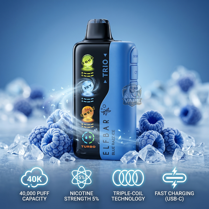 ElfBarTrio40000Puffs5_BlueRaspberryIce, Elf Bar Trio vape device with blueberries and ice cubes on a blue background