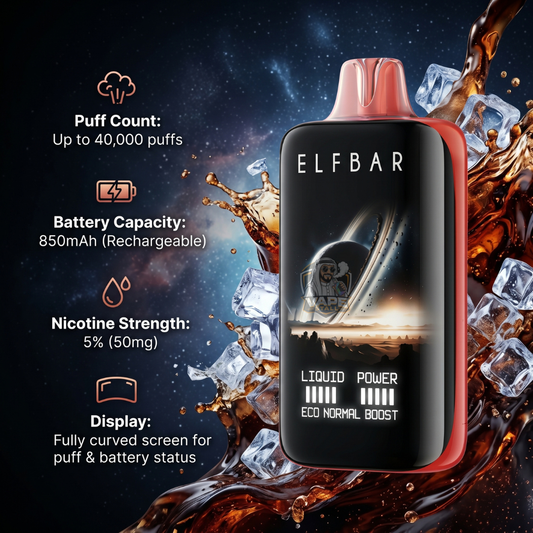 Elf bar Moon Night 40000 Puffs Vape 50mg in UAE Cola Ice, Elfbar vape device with specifications on a dark background with liquid effects