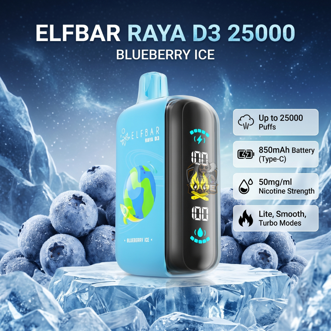 ELFBAR RAYA D3 25000 Blueberry ice vape device with blueberries and ice in the background