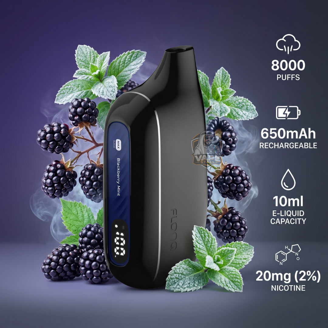 Flonqmaxs8000puffs20mgBlackberryMint, Black vape device with blackberries and mint leaves on a dark background