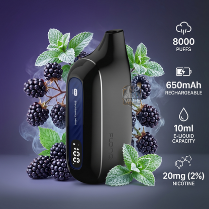 Black vape device with blackberries and mint leaves on a dark background