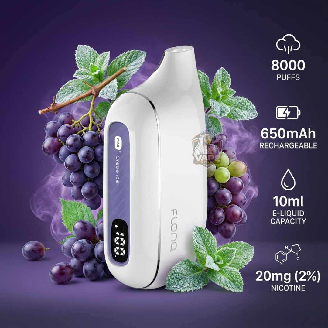 Flonqmaxs8000puffs20mgGrapeIce, Vape device with grape and mint leaves on a purple background