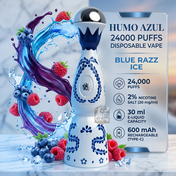 HumoAzul24000PuffsDisposableVapeBlueRazzIce, Disposable vape with blue and white design, surrounded by berries and ice cubes on a marble surface.