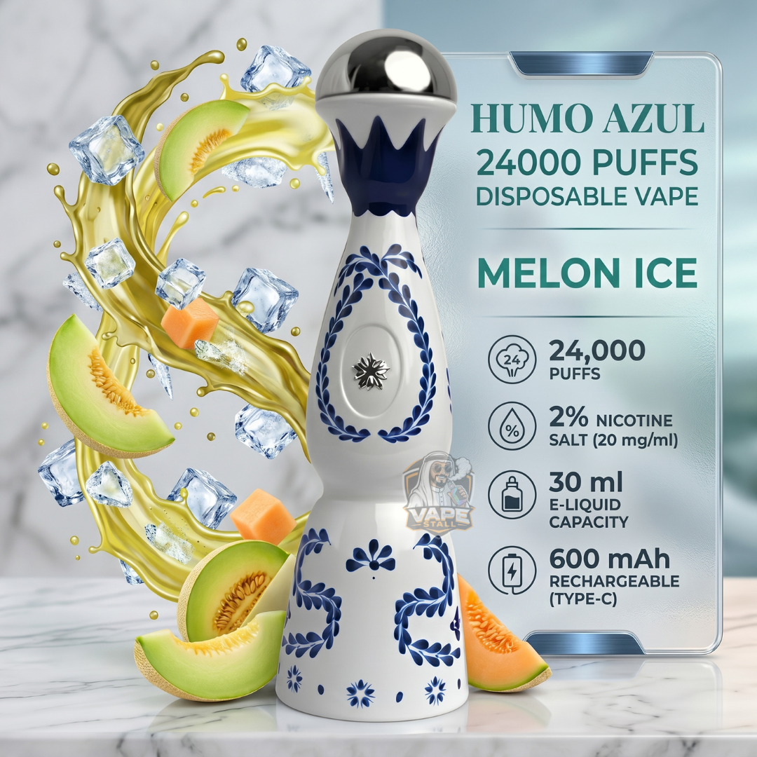 HumoAzul24000PuffsDisposableVapeMelonIce, Disposable vape with melon ice flavor on a marble surface