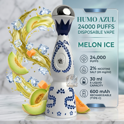 HumoAzul24000PuffsDisposableVapeMelonIce, Disposable vape with melon ice flavor on a marble surface