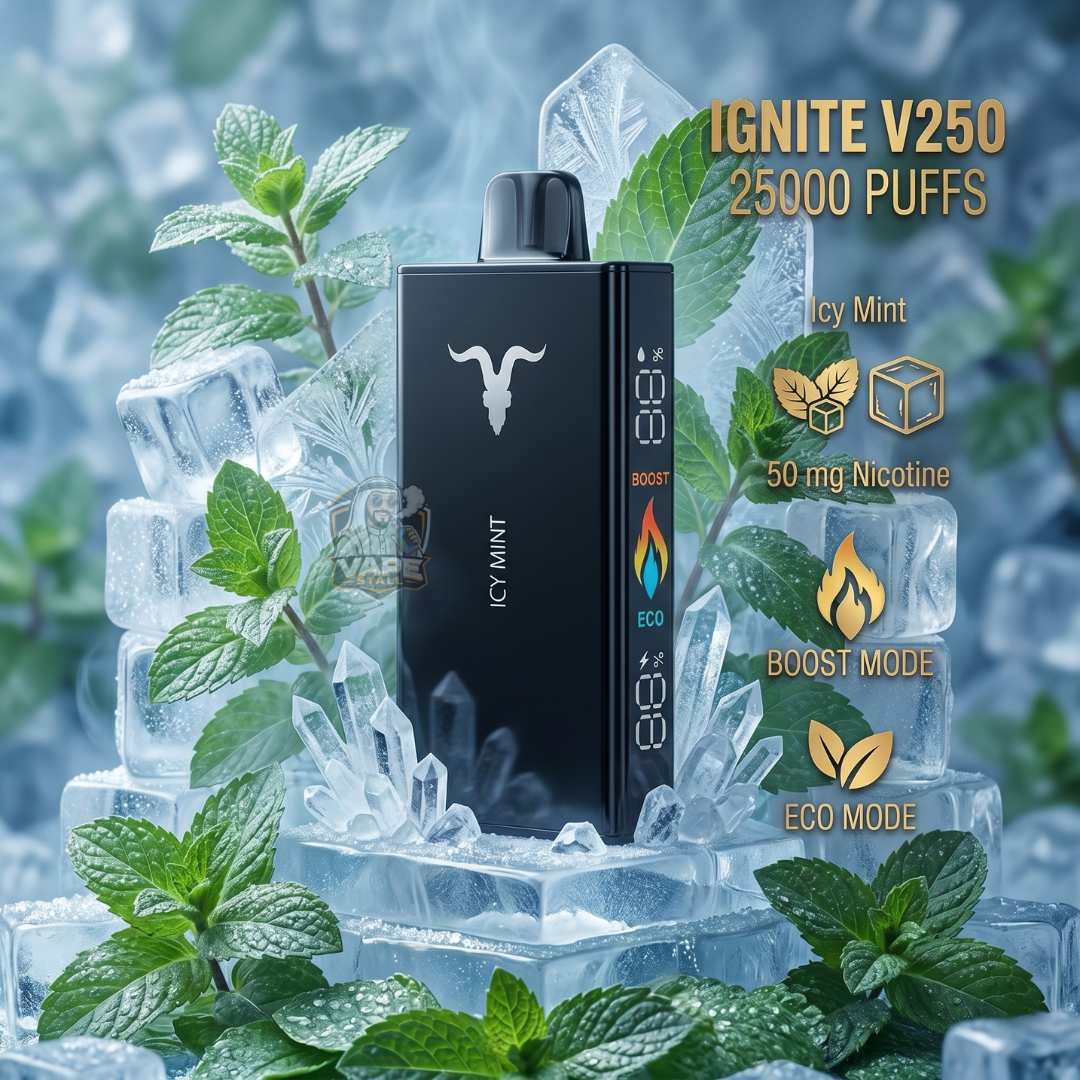 IGNITEV25025000puffs50mgIcyMint, Vaping device with 'Ignite V250' branding on a mint-themed background