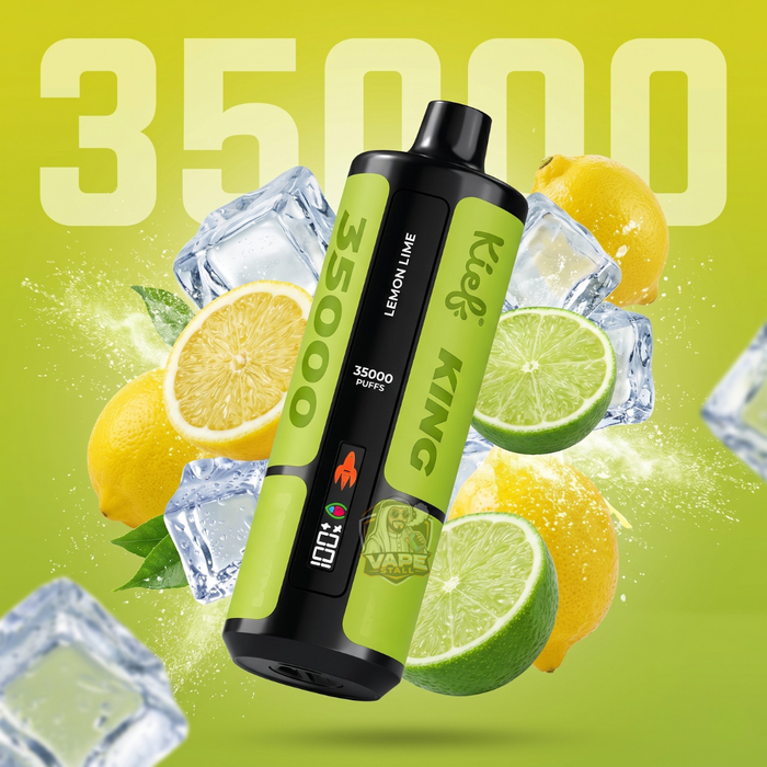 Kiefking35000puffs3mgLemonLime, Klef vaping device with lemon and lime graphics on a green background