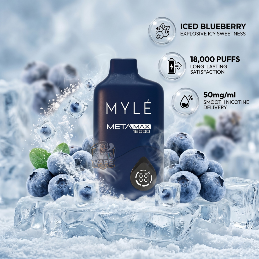Mylemetamax18000puffs50mgIcedBlueberry, MYLE META MAX vape device with icy blueberries and ice cubes on a cold-themed background