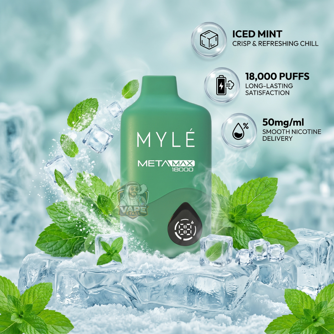 Mylemetamax18000puffs50mgIcedMint, Myle vape device with mint leaves and ice cubes on a light blue background