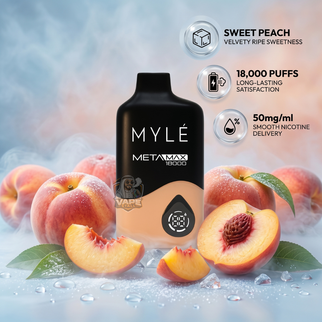 Mylemetamax18000puffs50mgIcedSweetPeach, MYLE META MAX 18000 vape device with sweet peach flavor features on a background of peaches.