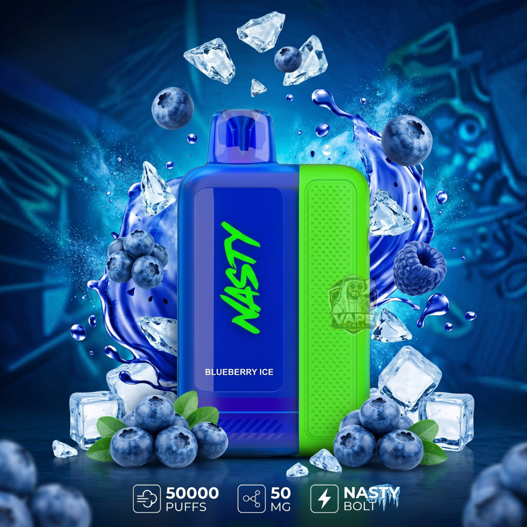 Nasty Blueberry Ice vape device with blueberries and ice cubes on a dark background
