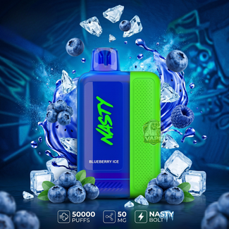 Nasty Blueberry Ice vape device with blueberries and ice cubes on a dark background