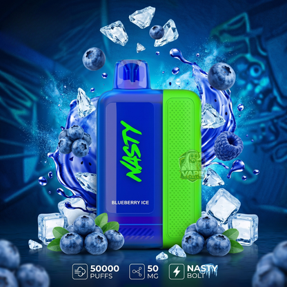 Nasty Blueberry Ice vape device with blueberries and ice cubes on a dark background