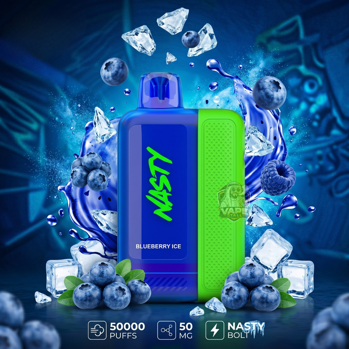 Nasty Blueberry Ice vape device with blueberries and ice cubes on a dark background