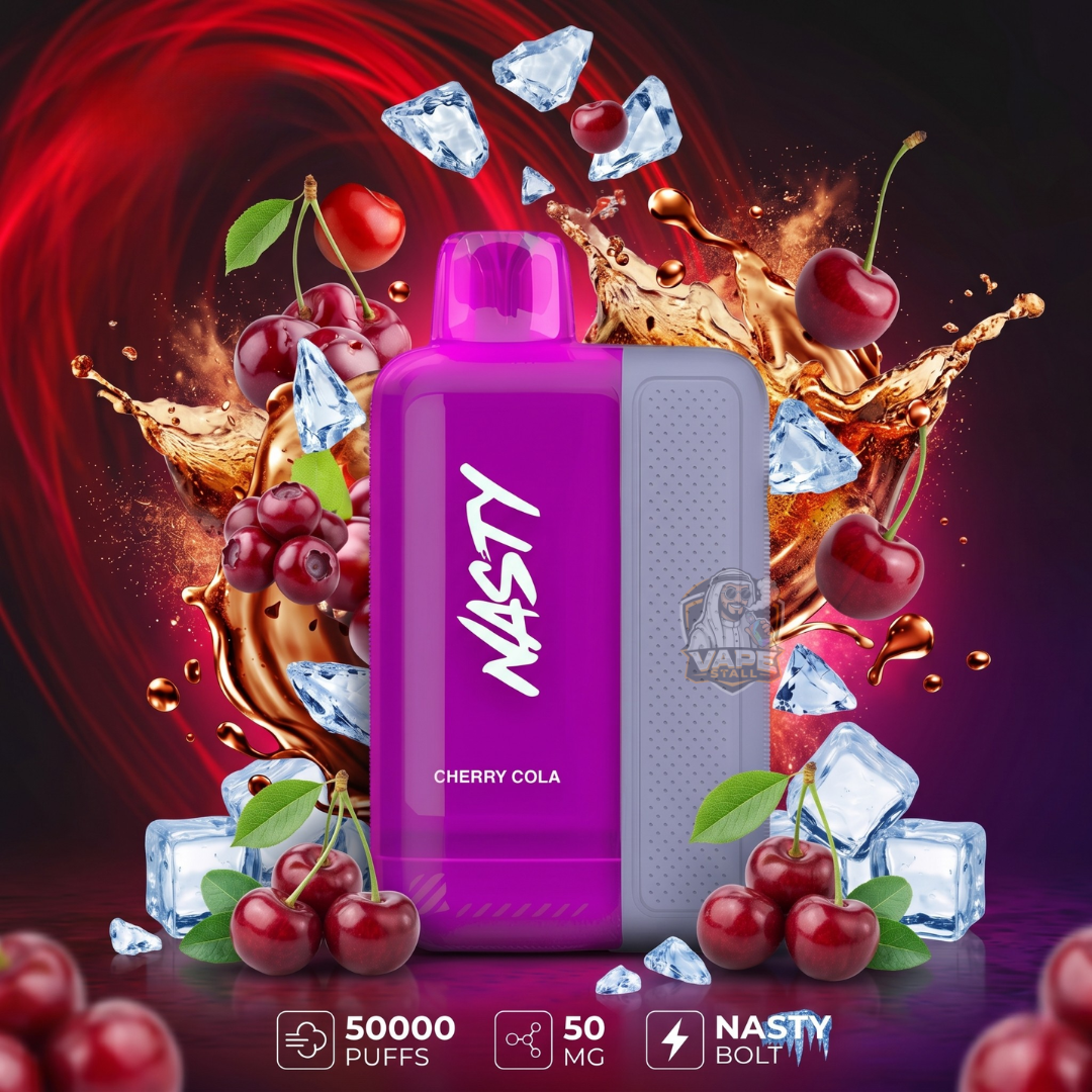 Nasty Cherry Cola vape device with cherries and ice cubes on a vibrant background