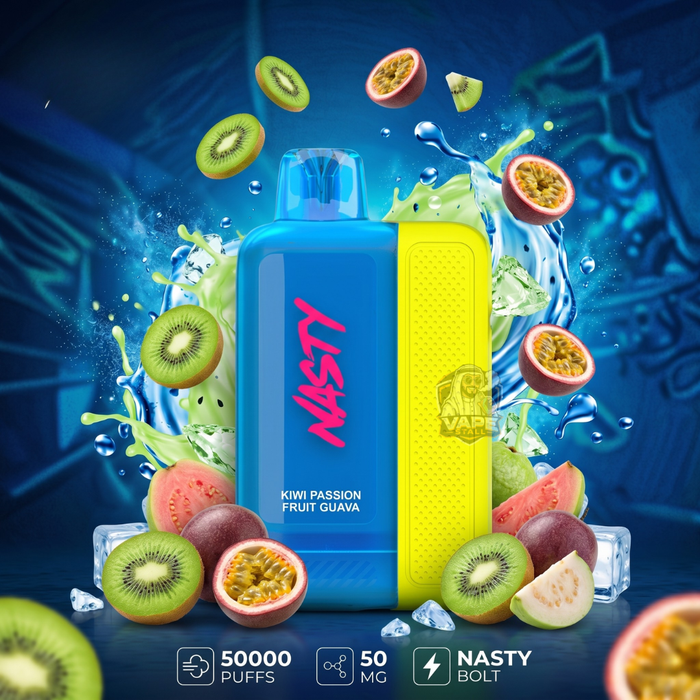 Nasty vape device with kiwi, passion fruit, and guava on a blue background