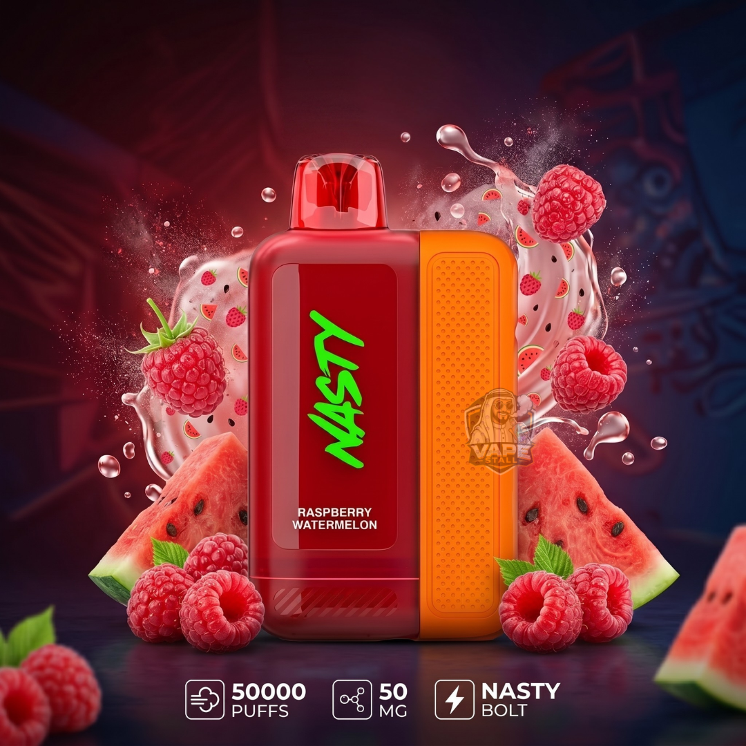 Nasty vape device with raspberry and watermelon elements on a dark background