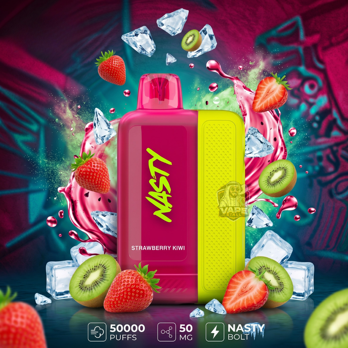 Nasty vape device with strawberry kiwi flavor surrounded by fruits and ice on a vibrant background