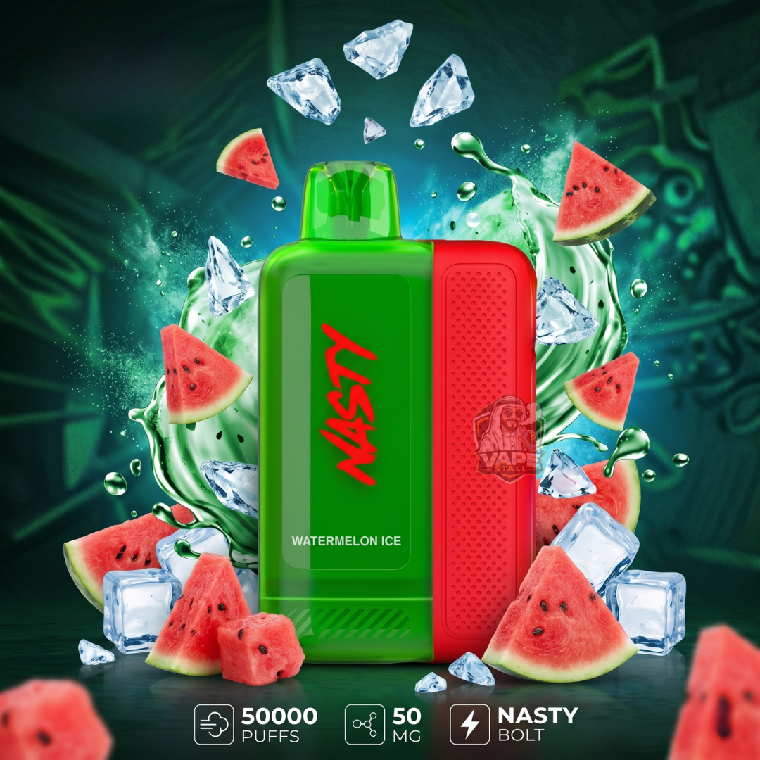 Nasty vape device with watermelon ice flavor surrounded by watermelon slices and ice cubes on a dark green background.