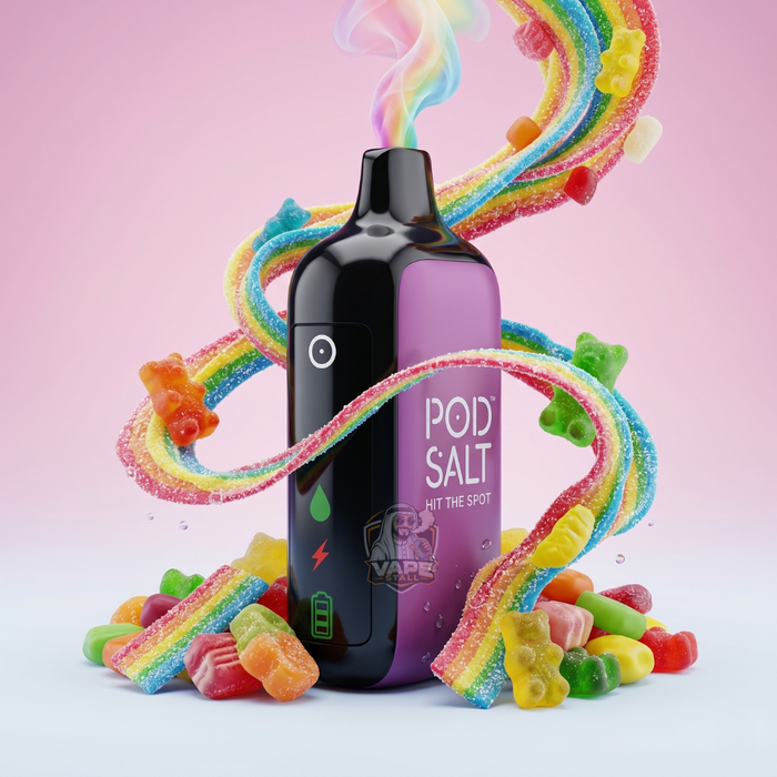 PodSalt35000Puffs20MGDisposableVapeCandy, Vape device with colorful gummy bears and rainbow smoke on a pink background