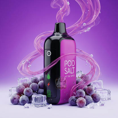 PodSalt35000Puffs20MGDisposableVapeGrapeIce, Purple and black vape device with ice cubes and grapes on a purple background, featuring 'POD SALT' branding.