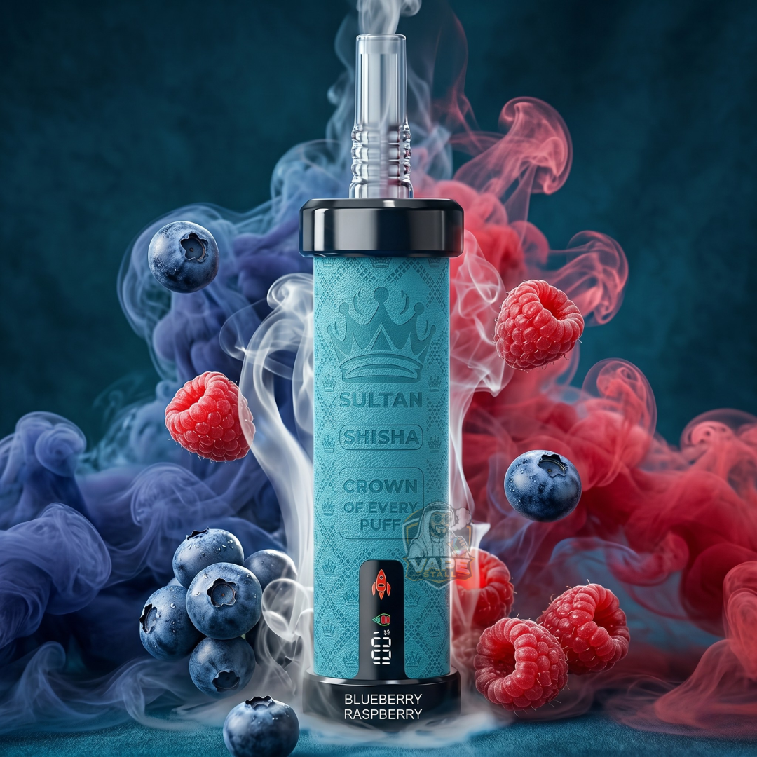 SultanShisha100000pulls2mgBlueberryRaspberry, Blue electronic device with smoke and berries on a dark background