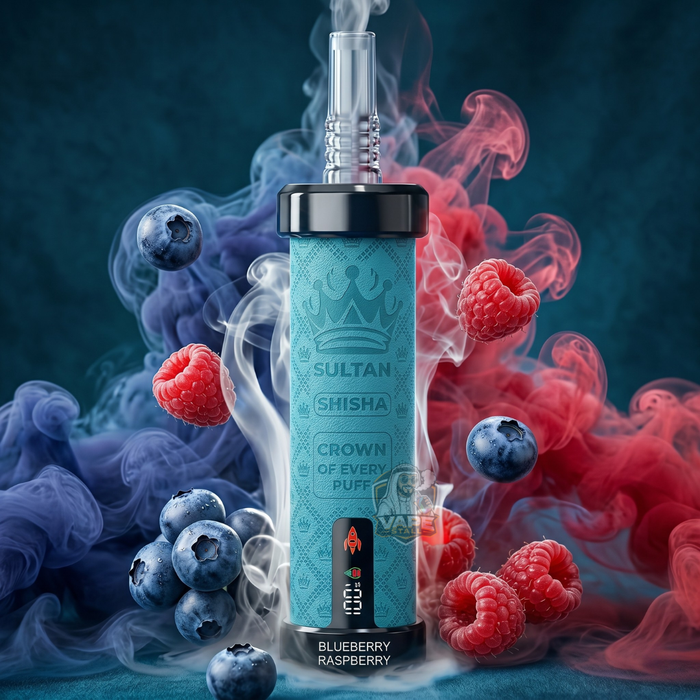 SultanShisha100000pulls2mgBlueberryRaspberry, Blue electronic device with smoke and berries on a dark background