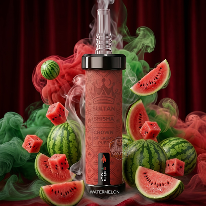 SultanShisha100000pulls2mgWatermelon, Sultan Shisha watermelon flavor shisha pen with watermelons and smoke on a red background