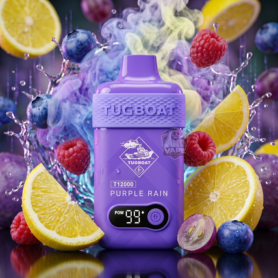 TugboatT12000puffs50MGPurpleRain, Purple vape device with fruit-themed background