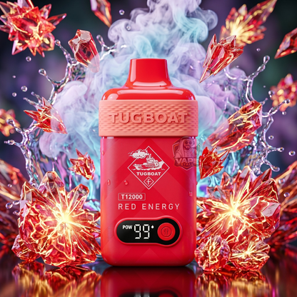 TugboatT12000puffs50MGRedEnergy, Red vape device with 'Tugboat' branding amidst colorful smoke and crystals