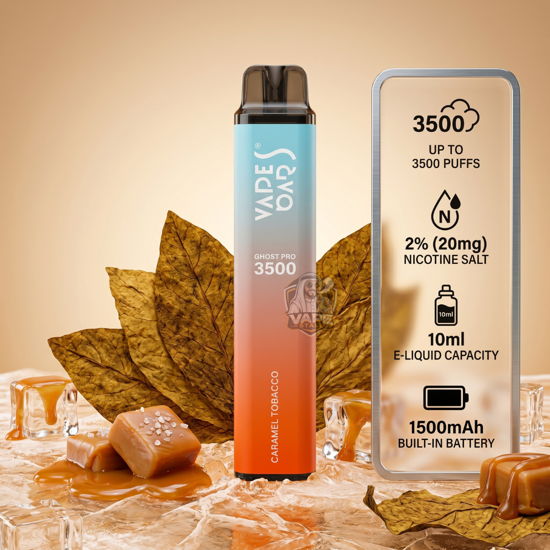 VapesBarsGhostPro3500Puffs20MGCaramelTobacco, Vape device with caramel flavor and product details on a decorative background