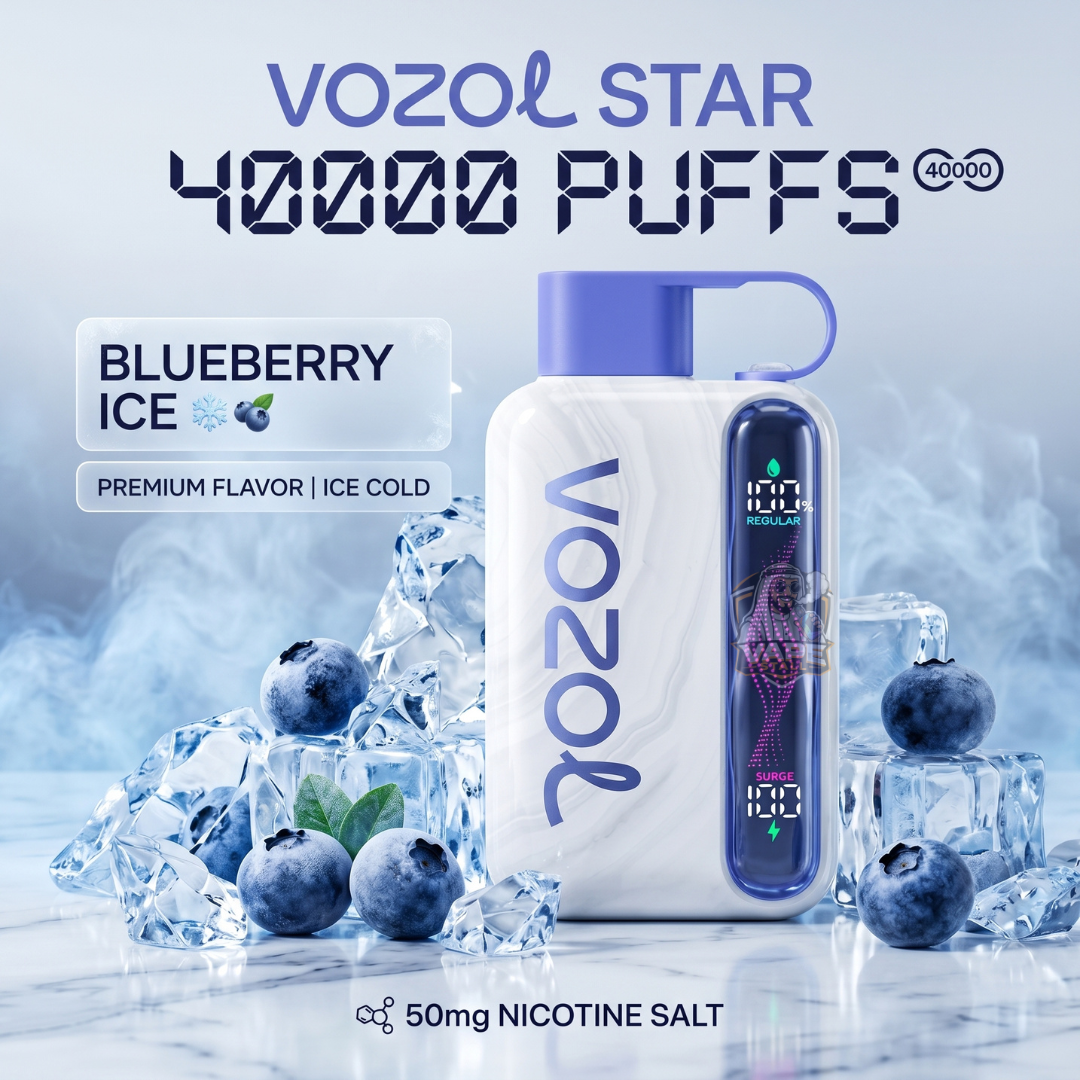 Vozolstar40000puffs50mgBlueberryIce, VOZOL Star vape device with blueberries and ice cubes on a light gray background