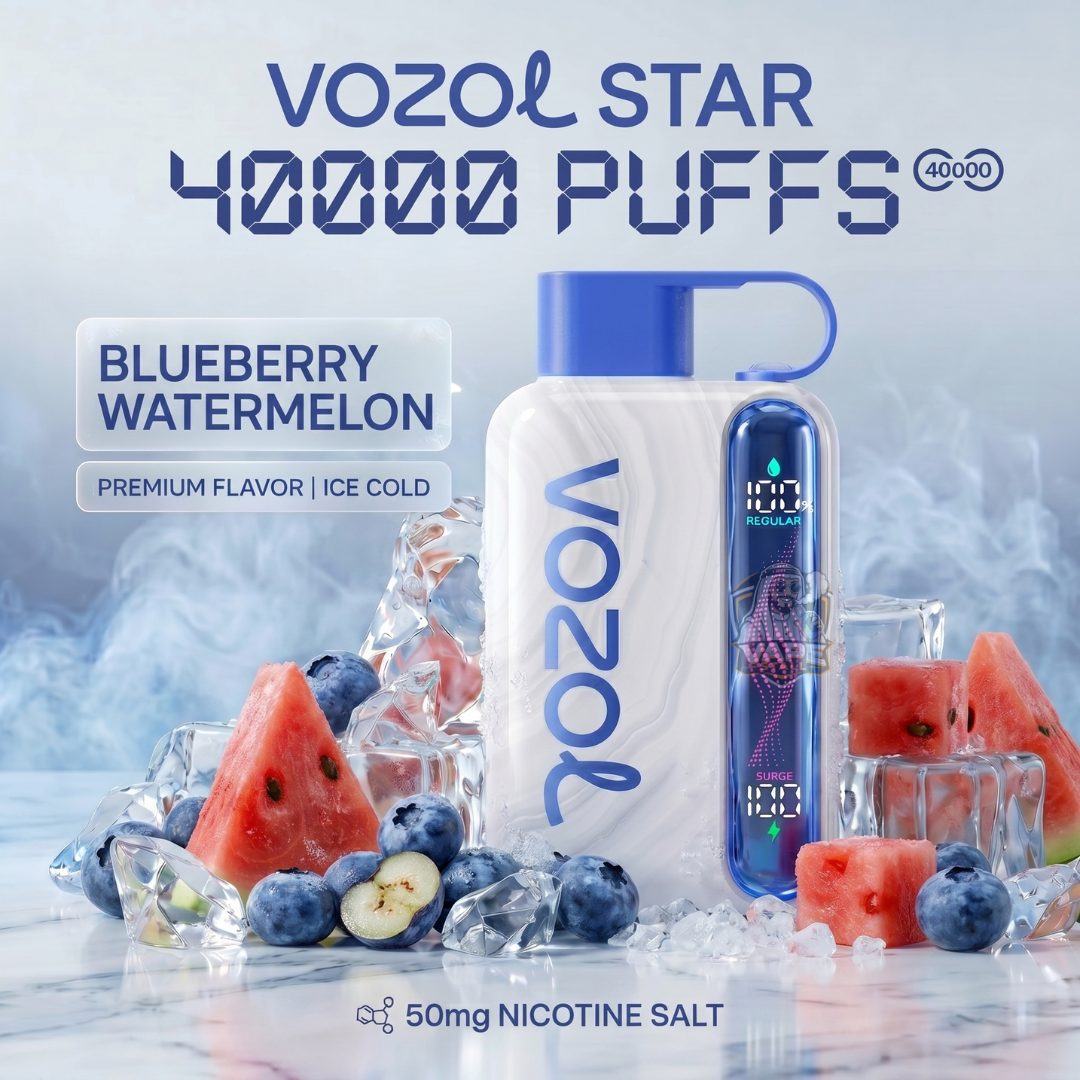 Vozolstar40000puffs50mgBlueberryWatermelon, VOZOL Star vape device with blueberry watermelon flavor on a cold-themed background