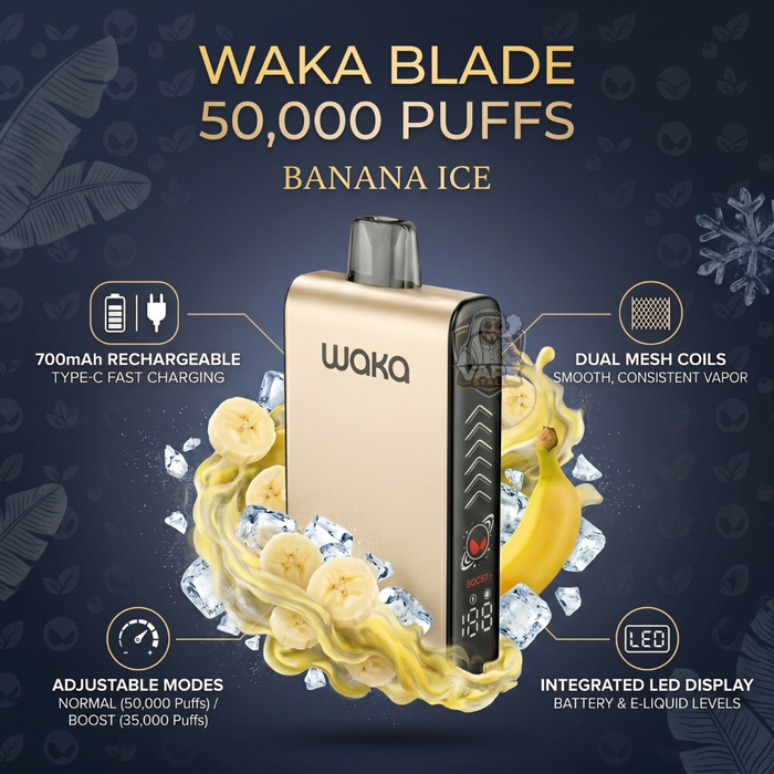 Wakablade50000puffs20mgBananaIce, Waka Blade vape device with banana ice flavor on a dark background