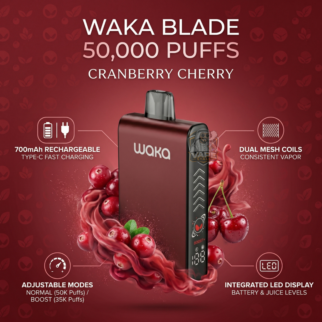 Wakablade50000puffs20mgCranberryCherry, Waka Blade vape device with cranberry cherry flavor on a red background