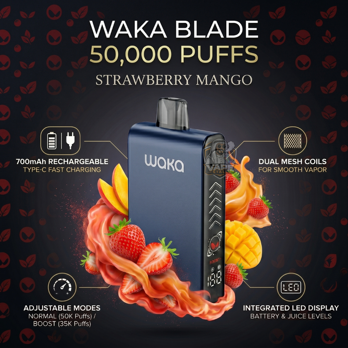 Wakablade50000puffs20mgSTRAWBERRYMANGO, Waka Blade vape device with strawberry mango flavor on a dark background