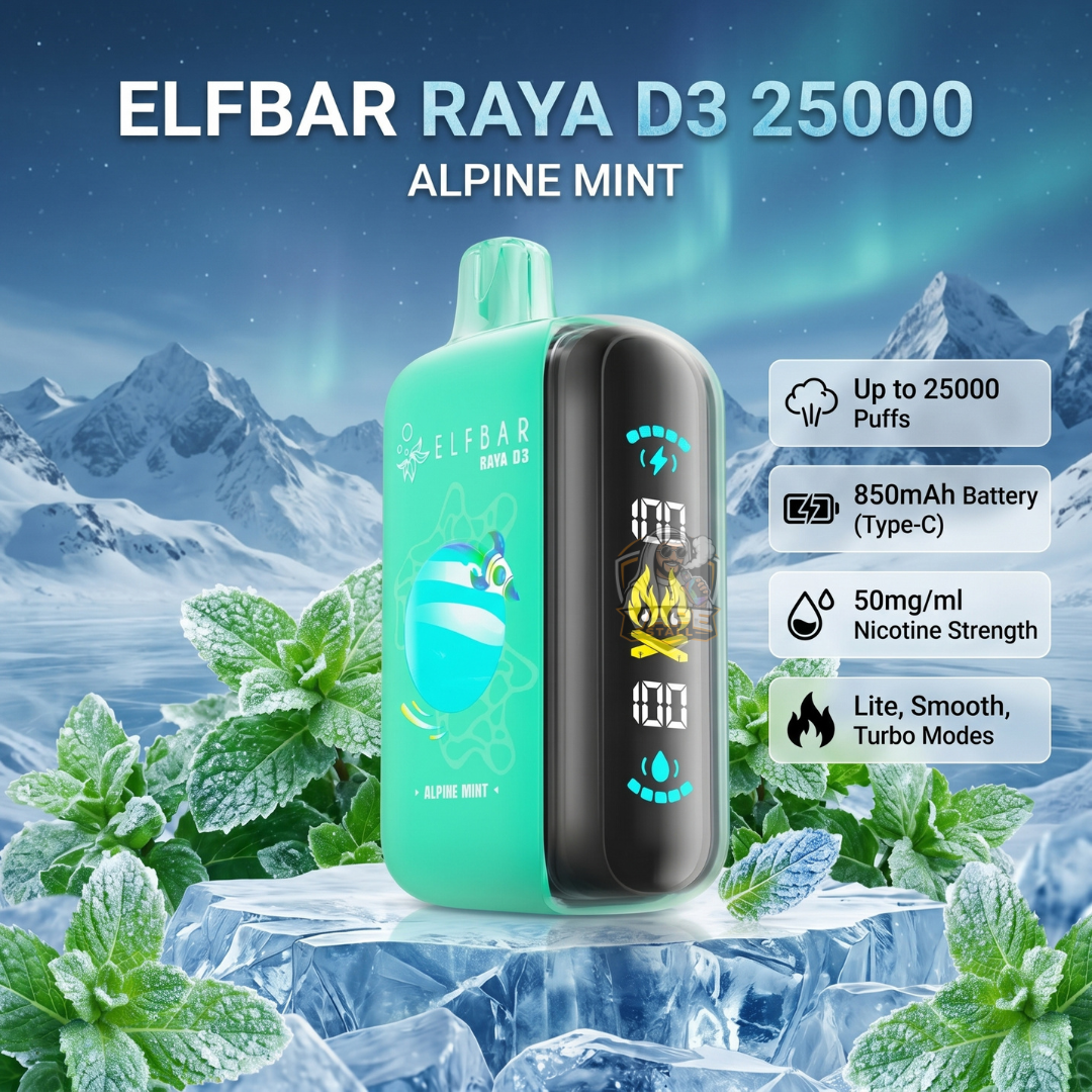 Elfbar Raya D3 25000 Alpine Mint vape device with mountain and mint background