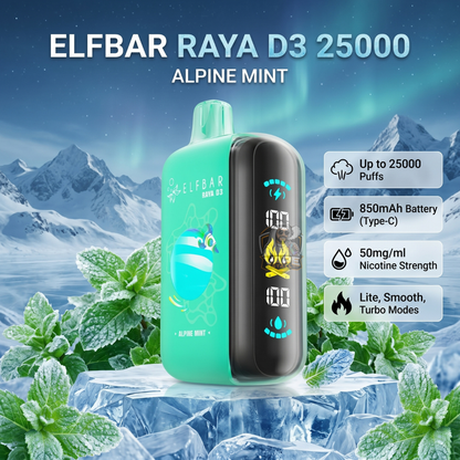 Elfbar Raya D3 25000 Alpine Mint vape device with mountain and mint background