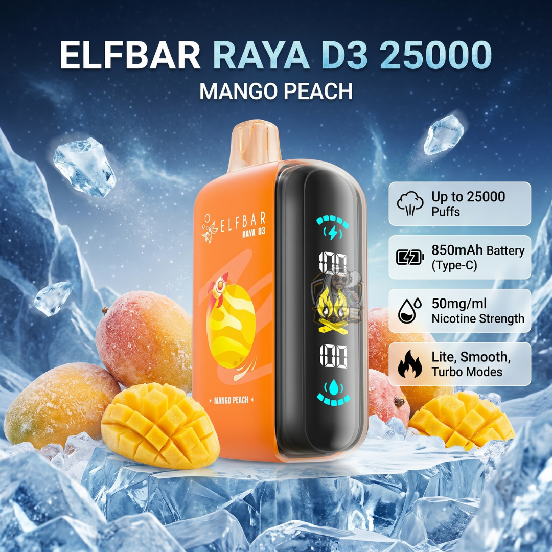ELF BAR RAYA D3 25000 Mango Peach vape device with mango peach flavor on a ice background