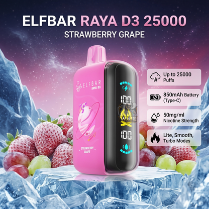 Pink ELF BAR RAYA D3 25000 Strawberry Grape vape device with strawberry grape flavor on a icy background