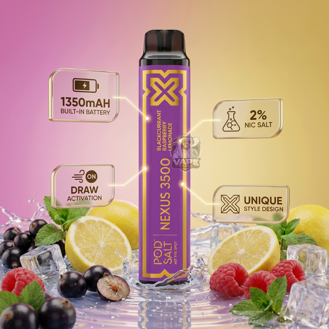 podsaltnexus3500puffsBlackcurrantRaspberryLemonade, Vape device with fruit and ice background