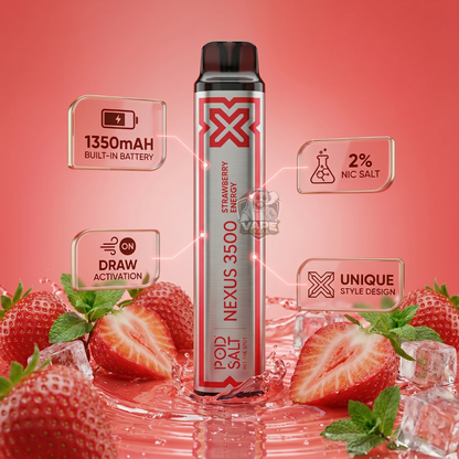 podsaltnexus3500puffsStrawberryEnergy, Vape device with strawberry flavor and ice cubes on a red background